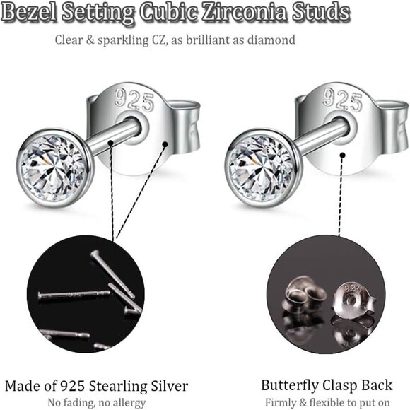 Sterling Silver Stud Earrings for Women Men- 3 Pairs of Tiny Round Cubic Zirconi - Picture 3 of 9